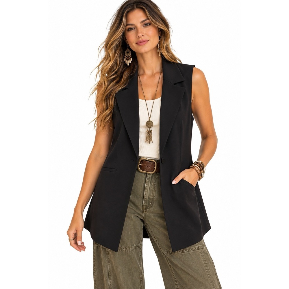 NWT Rachel Zoe Open Blazer Long Vest 2XL Black Career Office Boho Utility Preppy